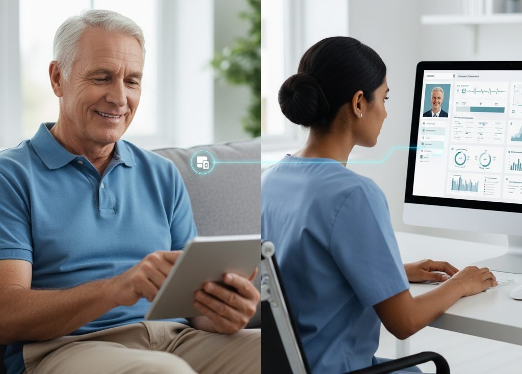 Healthcare provider remotely monitoring veteran's health data on a screen