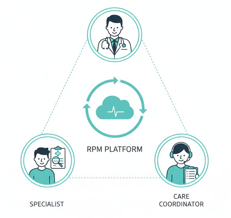 Diagram showing coordinated care among multiple providers via an RPM platform