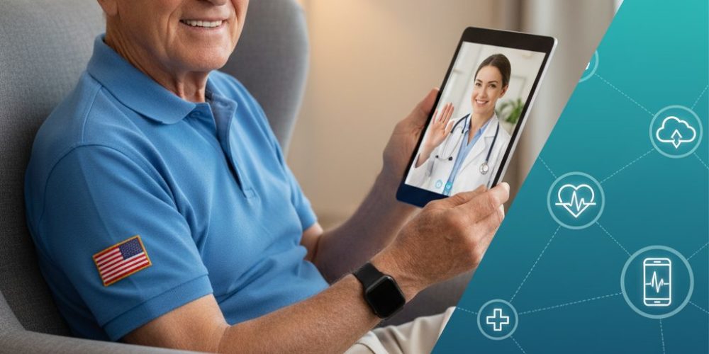 Smiling Veteran Using A Tablet For A Telehealth Video Call With A Doctor, With A Graphic Showing Remote Patient Monitoring Icons