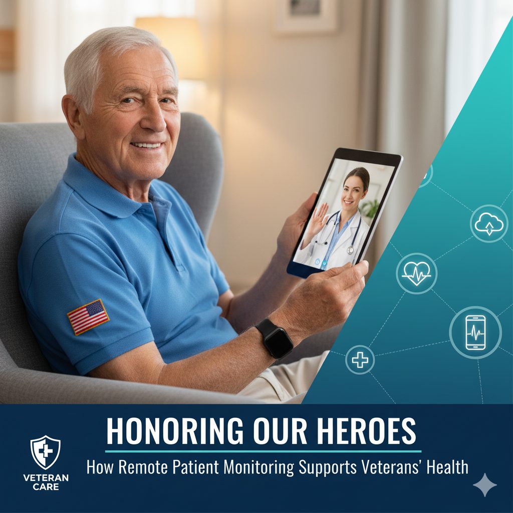 Smiling veteran using a tablet for a telehealth video call with a doctor, with a graphic showing remote patient monitoring icons